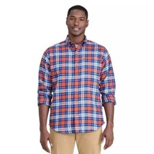 Izod Men  s Roobios Tea Orange/Blue Plaid Flannel Long Sleeve Button Up Shirt