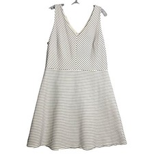 New Loft Striped V Neck Dress Womens 14 White Black Fit & Flare Business Causal