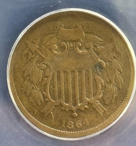 1864 Small Motto Scratched 2 Cent Graded VG 10 Details ANACS- Good Eye Appeal - Picture 2 of 4