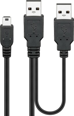 Mini USB 2.0 Y Kabel 5 polig trapez 2,5'' 2x USB A Stecker -> 1x USB Mini 0,6m