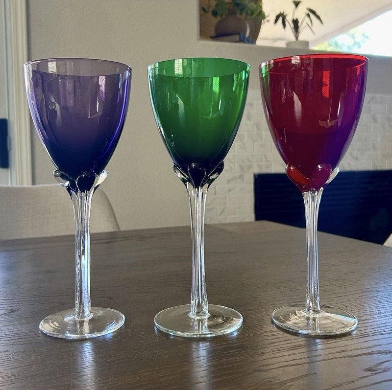 Set of 3 Stemmed Glass Wine Glasses Multicolor Blue Green Red Murano