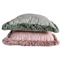 2 Vtg Damask Fringed Pillows 16" Pink 16" Green Double-Sided Woven Jacquard