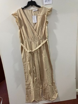 In the Style Curve Leinenmischung Stone Wickel Front Jumpsuit Beige UK 18