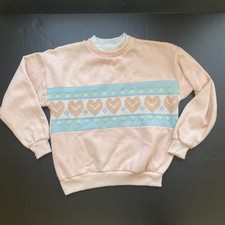 VTG 80s 90s Sweatshirt Pullover Peach  Blue Knitted Hearts Crew Grannycore M