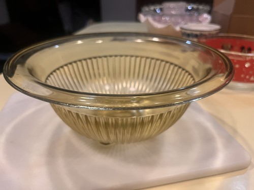 Vintage Federal Amber Glass 9 1/2" Gold Mixing Bowl Ribbed Square Foot