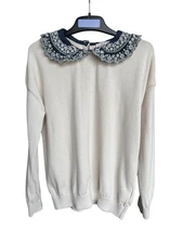 Monoprix Girls White Cotton Pullover Sweater with Navy Embroidered Collar 8