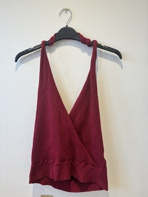 QED Red Ribbed Halter Neck Top Size Small Fitted Summer Going Out Womens