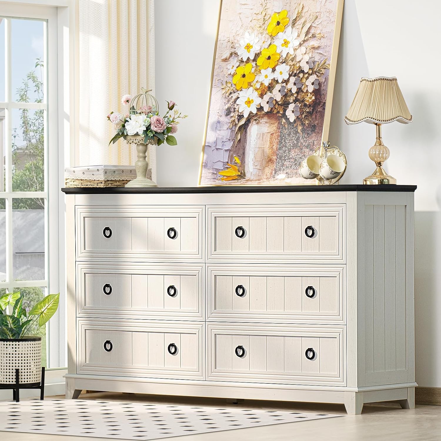 Farmhouse 54-Inch Wood Dresser with 6 Drawers for Bedroom Storage