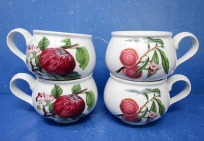 Pomona Portmeirion Romantic Tea Cups Footed 6 oz Apple Peach Set Vintage Fruit