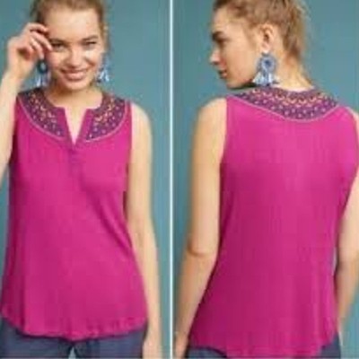 Anthropology Akemi + Kin Vizela Tank Top Woman's XS Pink Embroidered Beaded