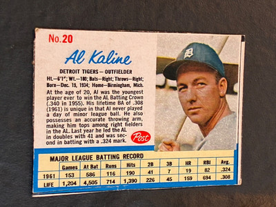 1962 Post Al Kaline #20 - Handcut - No Creases - P/VG
