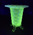 Vtg Fenton Basket Weave, Opalescent Vaseline Lace Edge Vase~Glows Brightly