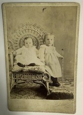 Vintage B W Photo Cabinet Card of Toddlers 1900s Dressed in White Antique Chair
