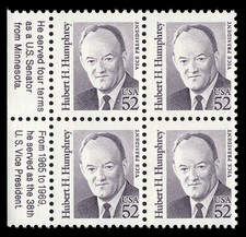 US Scott # 2189, Hubert Humphrey, Block of (4) 1991 52¢ Stamps, MNH