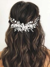 Flower Bridal Hair Vine Crystal Pearl Bride Wedding Headpieces Leaf Silver