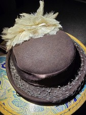 Vintage New York Ladies Brown Felt Hat With Netting, Ribbon And Feather Size 22