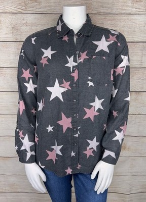 TORRID 0 Womens Button Down Relaxed Fit Camp Shirt Pink White Stars Roll Tab EUC