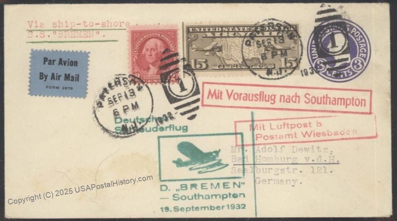 USA 1932 Bremen Catapult K130 Cover Airmail Germany Homburg Wiesbaden 116217
