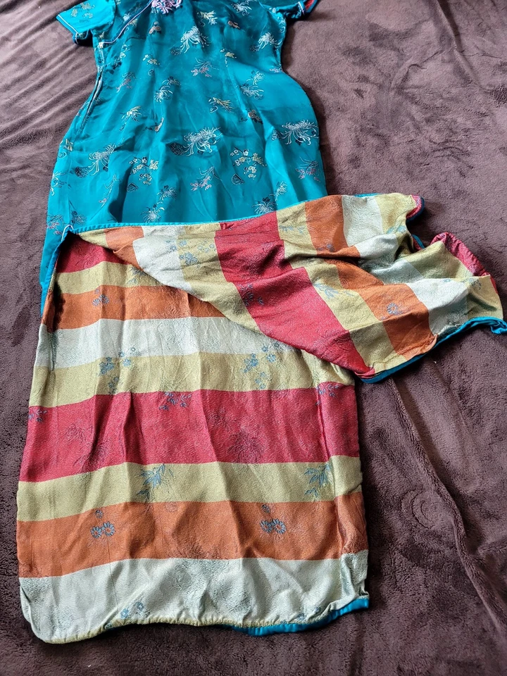 Vestido Qipao Chino Vintage Seda y Bordado Años 60 Azul Rosa Cheongsam S Foto 4 de 4