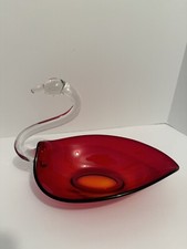 Duncan & Miller Ruby Red Art Glass Swan Candy -Serving Dish VNTG 10”L X 9”H