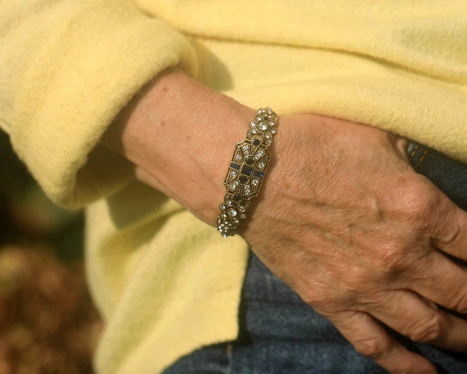 Armband Golden Antik Kunst Deko Rechteck Strass Blau Vintage Stil Ehe QD32 - Bild 2 von 4