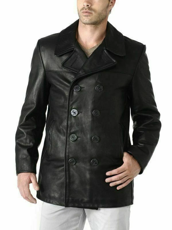 Men Leather Blazer Jacket Double Breasted Real Lambskin Black Coat S M L XL- 111