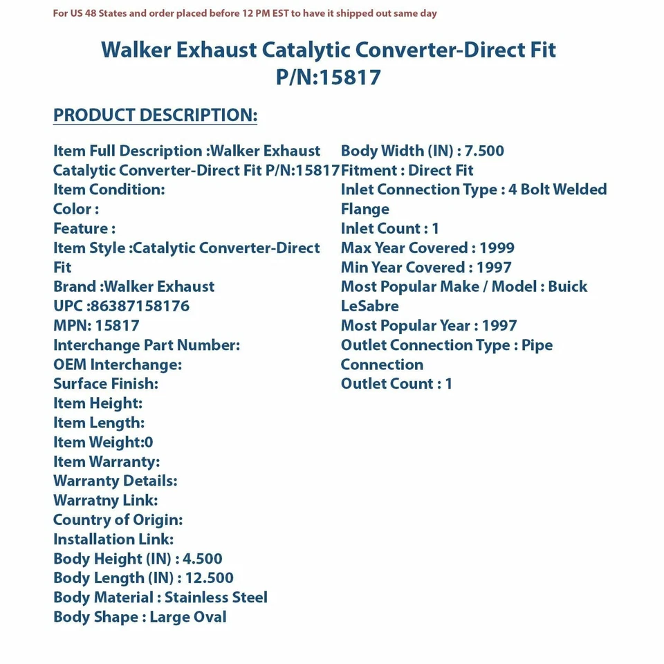 Convertidor catalítico de escape Walker - ajuste directo 15817 Foto 4 de 4