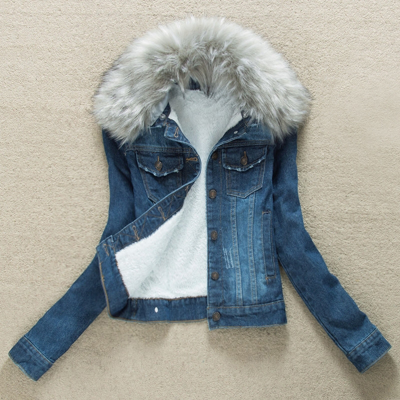 Women Fleece Lined Sherpa Denim Jacket Faux Fur Collar Slim Jeans