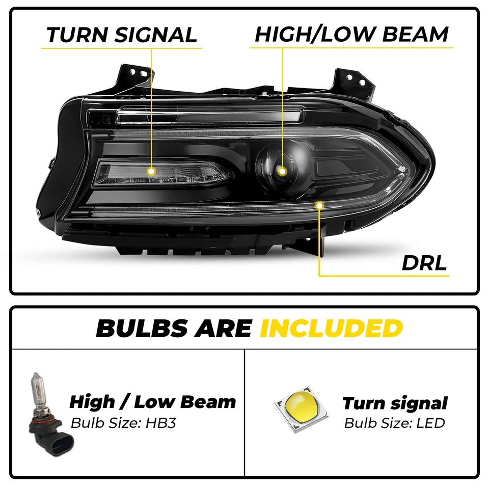 Fit For Dodge Charger 2015-2023 Halogen LED DRL Projector Headlights Lamps Pair - Image 2 of 4