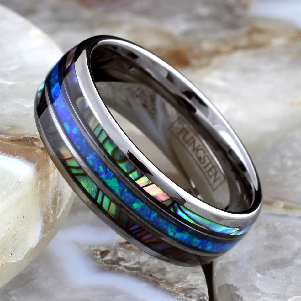 Anel de aliança de casamento masculino de carboneto de tungstênio 8 mm abalone e opala azul havaiana - Imagem 4 de 4