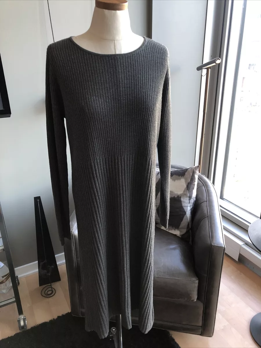 New EILEEN FISHER Ribbed Washable Wool Crepe Sweater Dress Bark