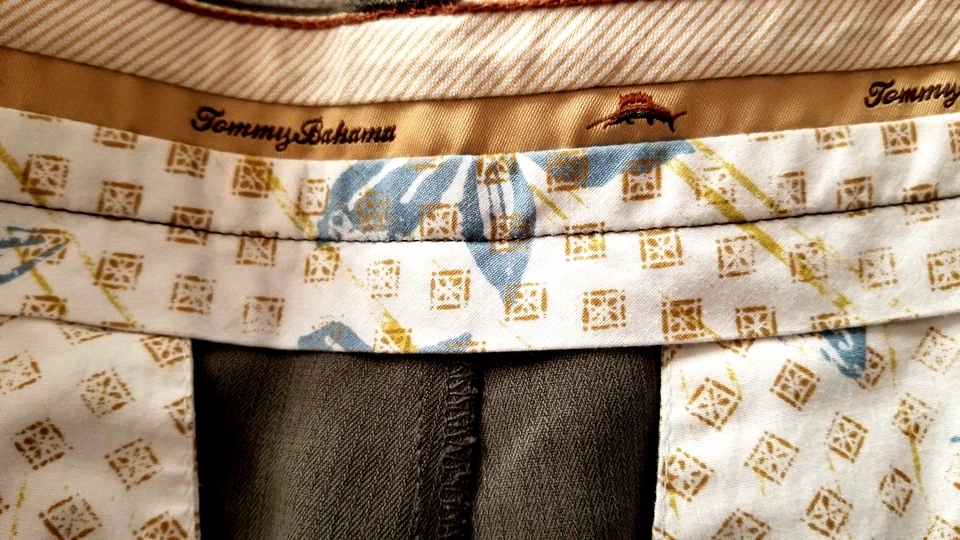 Men's Tommy Bahama Size 36 Deck Shorts Pleated Chino 100% Silk Khaki Olive — 第 3/4 张图片