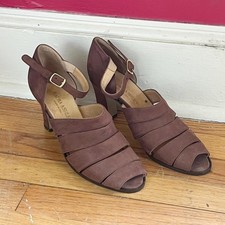 Vintage 1990s Does 1920s Laura Ashley Brown Suede Straps Peep Toe Pumps 9.5