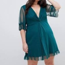 ASOS Mini Dress Womens Size 8 Green Mesh Lace V-Neck Knot Front Flutter Cuff