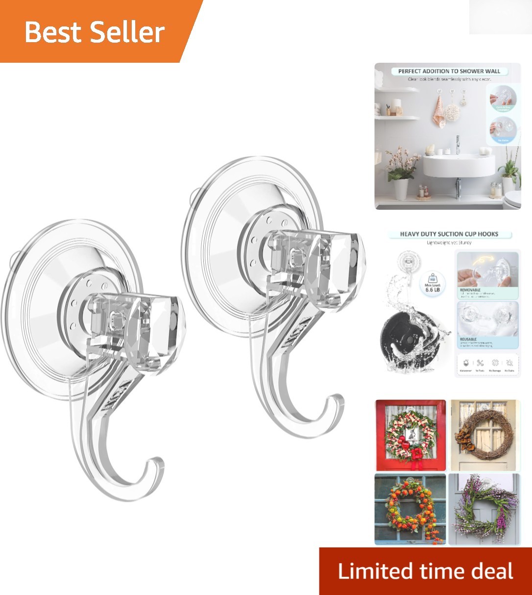 Polished Clear Suction Hooks, 2 Pcs - Strong Suction for Home Organization