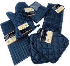 Kitchen Towel 7PC Set Quilted Pot Holders Oven Mitt Towel Drying Mat Navy Blue
