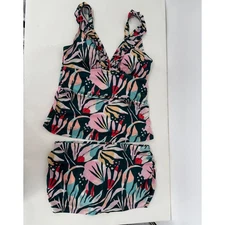 Simply Fit Women's Sz M Tropical Pink Green Tankini Swimsuit Set With Swim Skirt