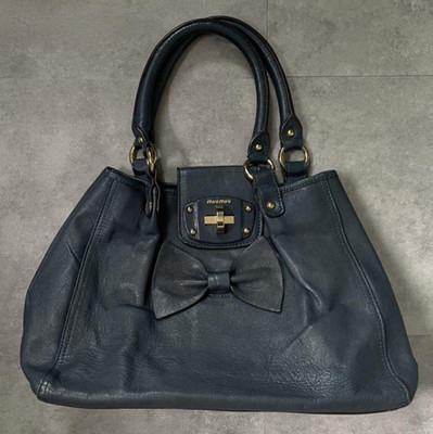 Miu Miu Archive Ribbon Tote Bag Handbag Navy Leather Gold Turn