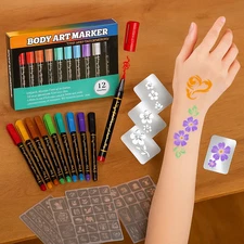 12 Metallic Temporary Tattoo Markers w/ 155 Stencils for Kids Adults Party