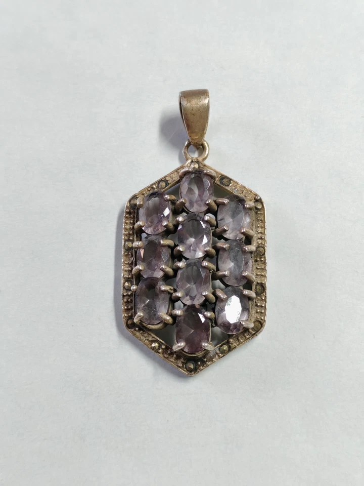 Ciondolo donna stile antico argento 925 ametista pendente marcasite - Immagine 2 di 4
