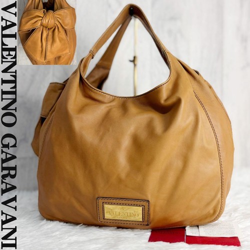 VALENTINO GARAVANI Ribbon Leather Hobo Tote Bag Camel Logo Plate Rare From Japan