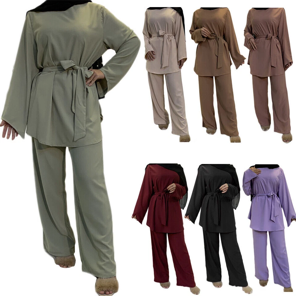 Conjunto de 2 piezas Prendas para el torso Pantalones Vestido Abaya Dubai Kaftan Sueltas Ropa Islámica Foto 2 de 4