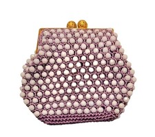 Vintage 1960s JEM Hong Kong Beaded Crochet Evening Bag Lavender Purse Gold Clasp