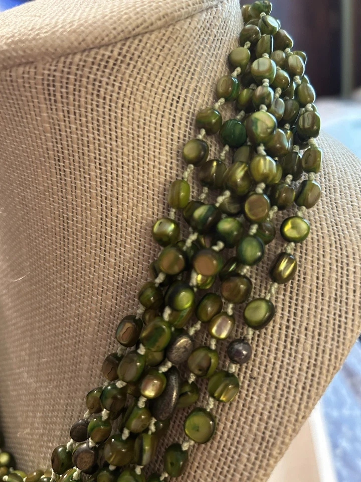 Silpada Sterling Silver 8 Strand Green Pyrite MOP Silk Glass Necklace - Image 2 of 4