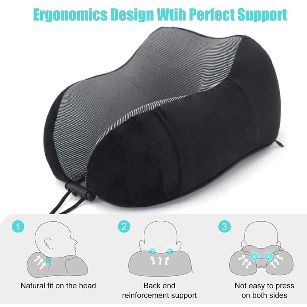 Travel Neck Pillow Set with Mask, Earplugs & Storage Bag - Black