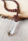 New Handmade Necklace, Wire Wrapped Clear Crystal Pendant Flower Jasper Beads