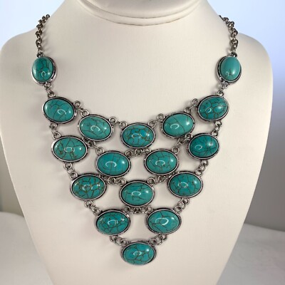 Fashion Large Bib Necklace Simulated Turquoise Cabochons Faux Silver  Mountings