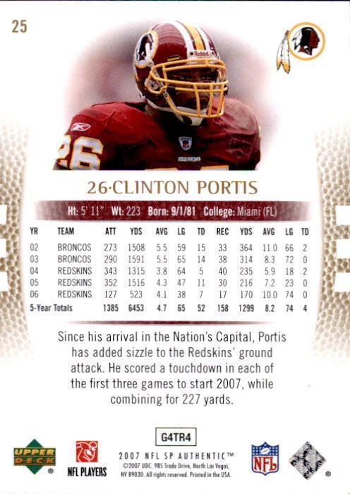2007 SP Authentic Gold #25 Clinton Portis #25/25 (REF 15641) - Image 2 of 2
