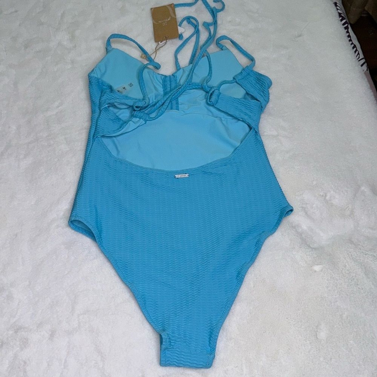 BERLOOK Womens Size Medium OMENSBlue Textured V Neck One-Piece Swimsuit image 5