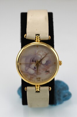 MTC Watch Women WR Gold Stainless Steel Battery Beige Leather Dog Cat Quartz